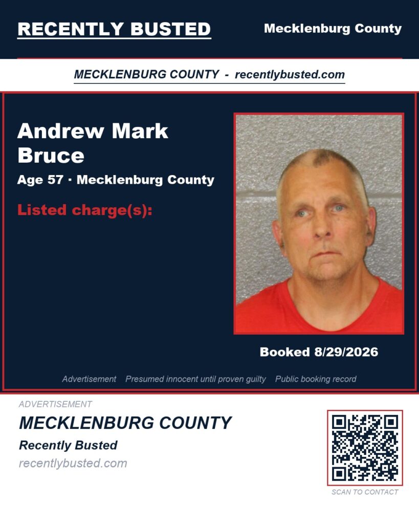 ANDREW MARK BRUCE — arrest record card, Mecklenburg County, North Carolina