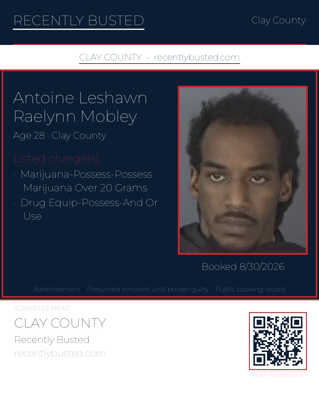 ANTOINE LESHAWN RAELYNN MOBLEY — arrest record card, Clay County, Florida