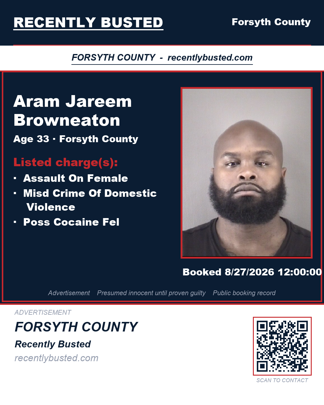 ARAM JAREEM BROWNEATON — arrest record card, Forsyth County, North Carolina