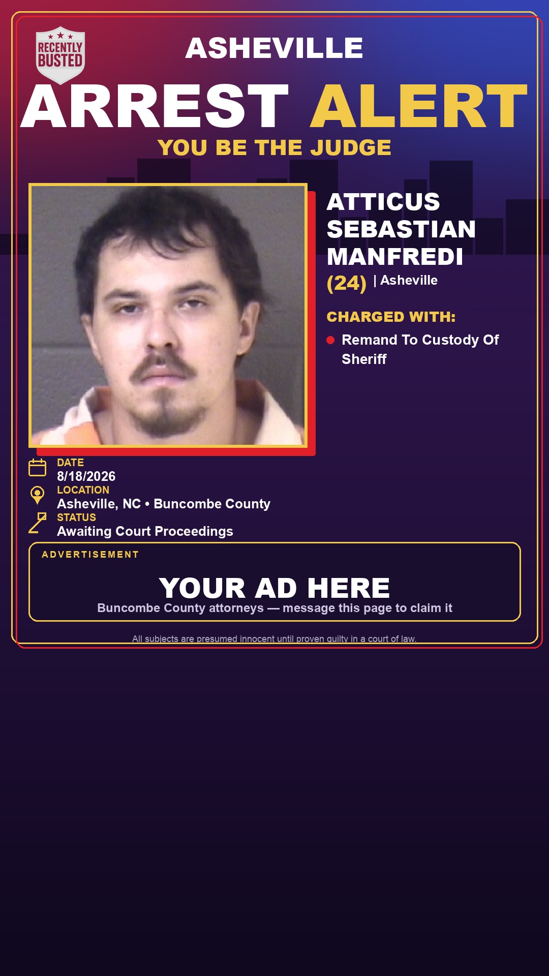Arrest report - ATTICUS SEBASTIAN MANFREDI