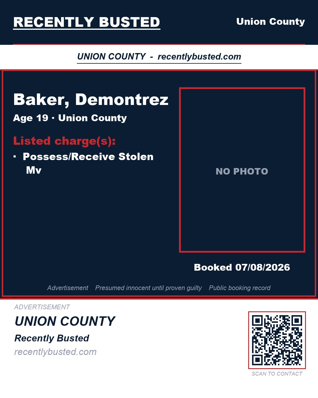 BAKER, DEMONTREZ — arrest record card, Union County, North Carolina