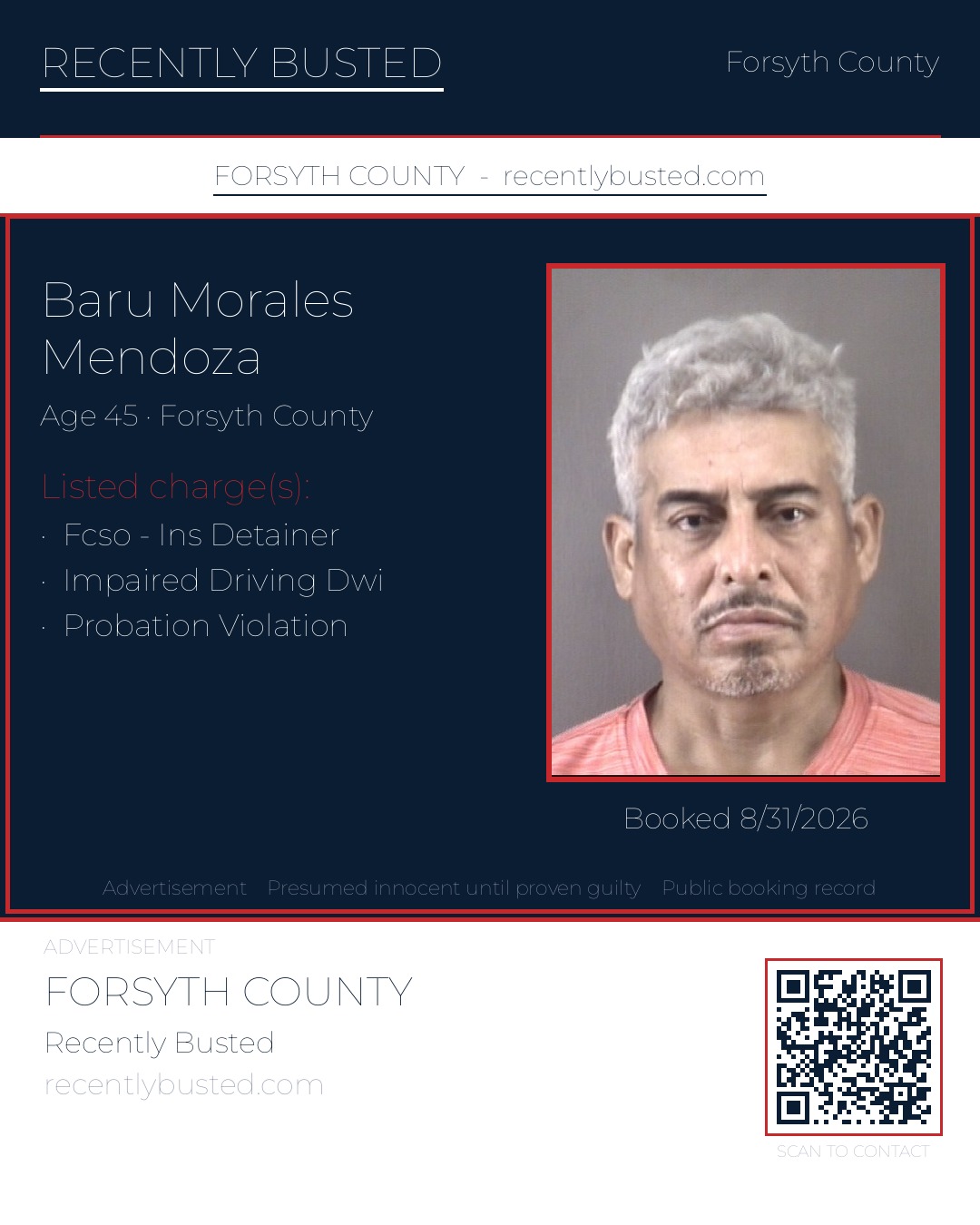 BARU MORALES MENDOZA — arrest record card, Forsyth County, North Carolina