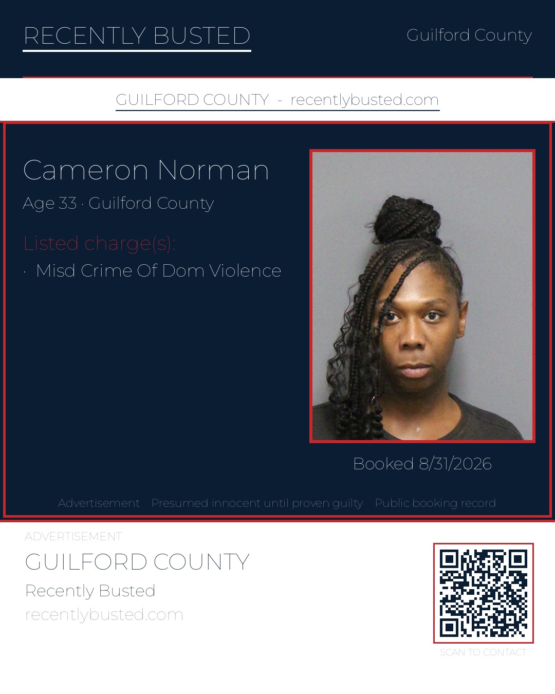 CAMERON NORMAN — arrest record card, Guilford County, North Carolina