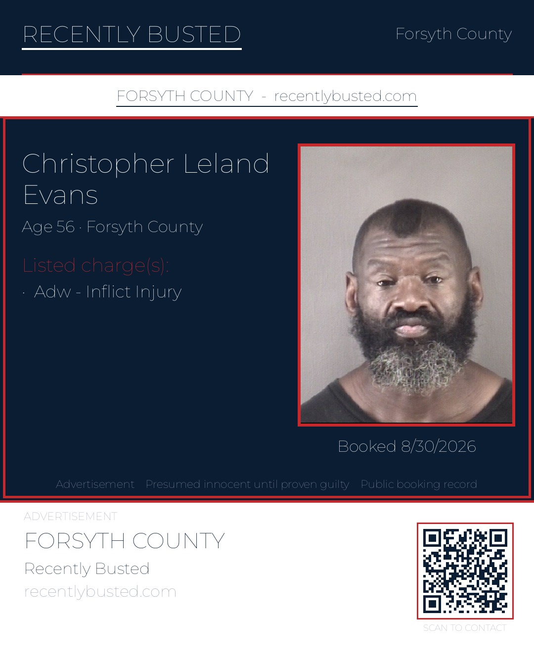 CHRISTOPHER LELAND EVANS — arrest record card, Forsyth County, North Carolina