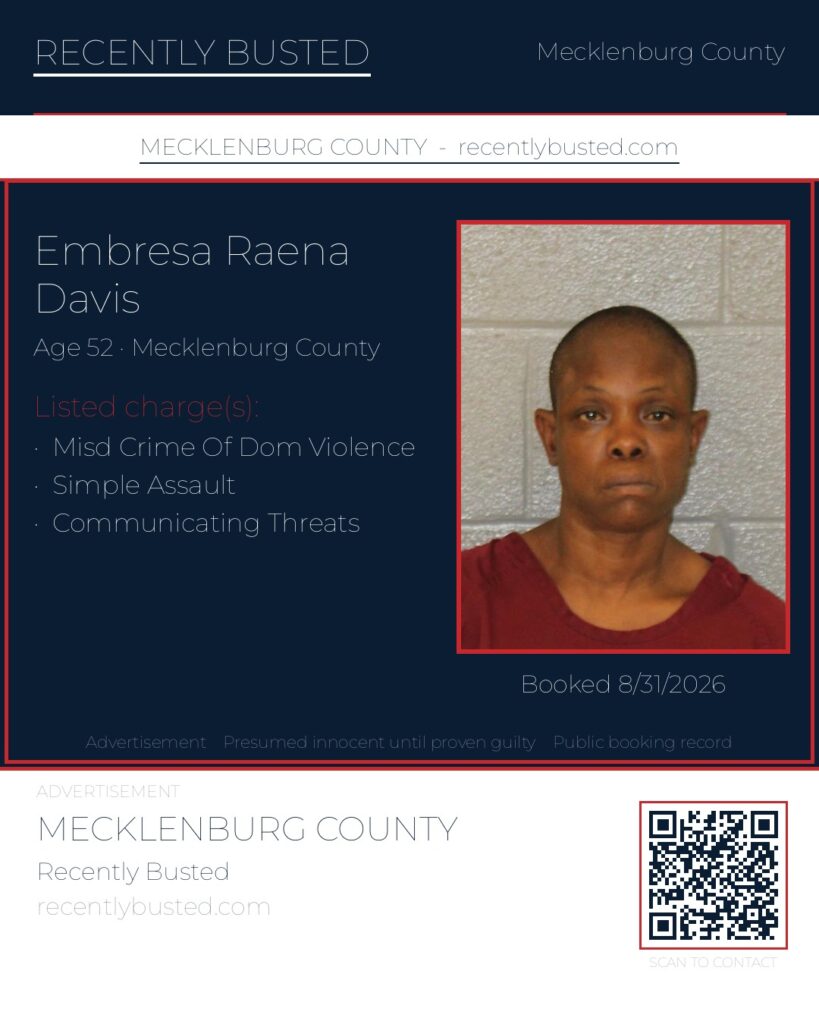 EMBRESA RAENA DAVIS — arrest record card, Mecklenburg County, North Carolina
