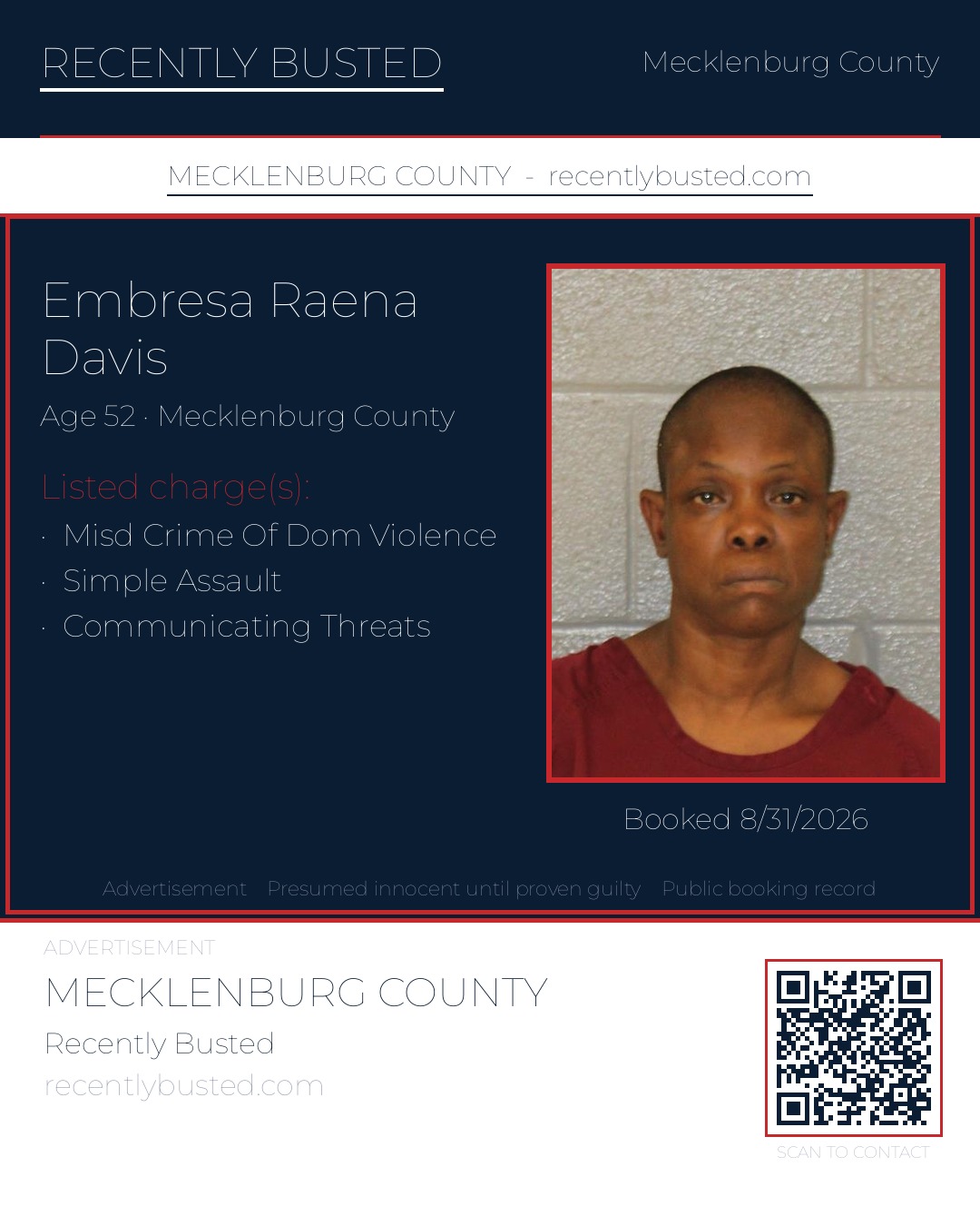 EMBRESA RAENA DAVIS — arrest record card, Mecklenburg County, North Carolina