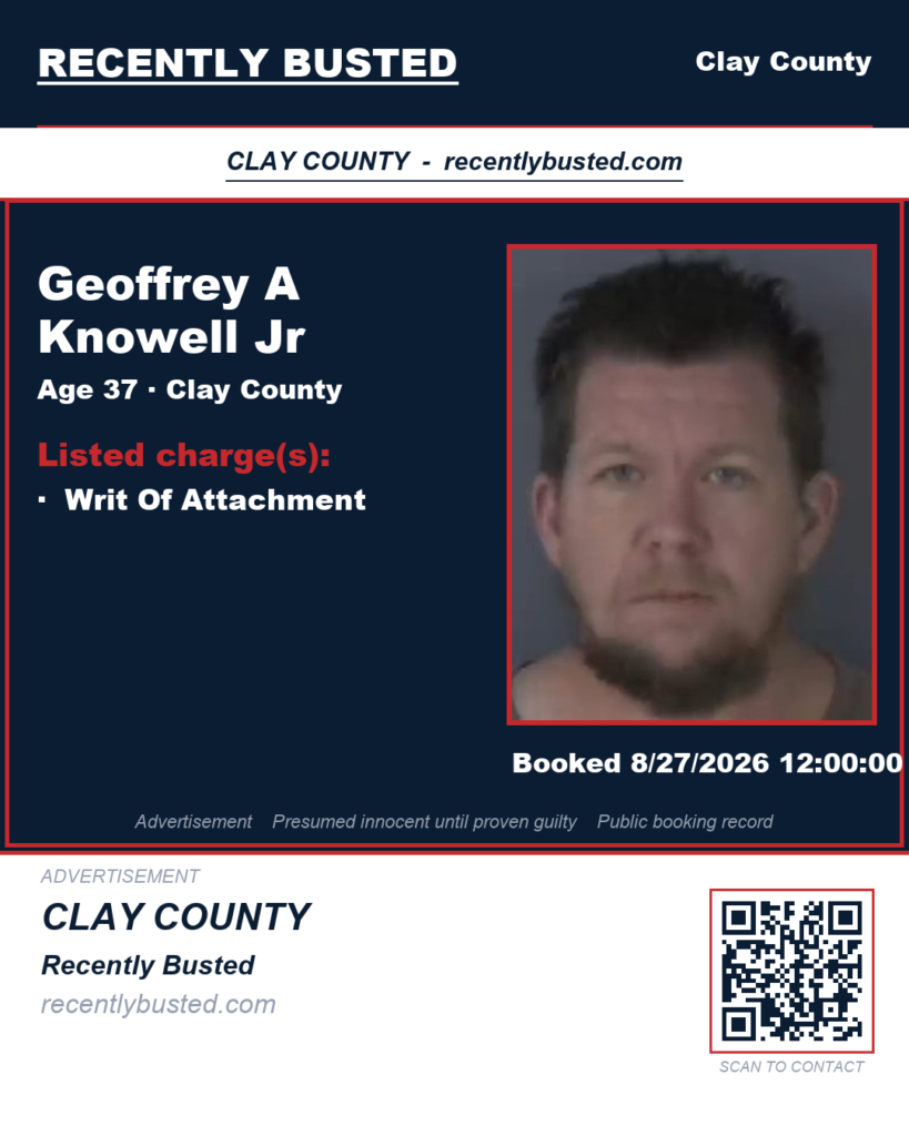 GEOFFREY A KNOWELL JR — arrest record card, Clay County, Florida
