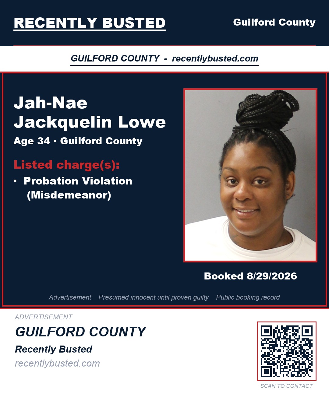 JAH-NAE JACKQUELIN LOWE — arrest record card, Guilford County, North Carolina