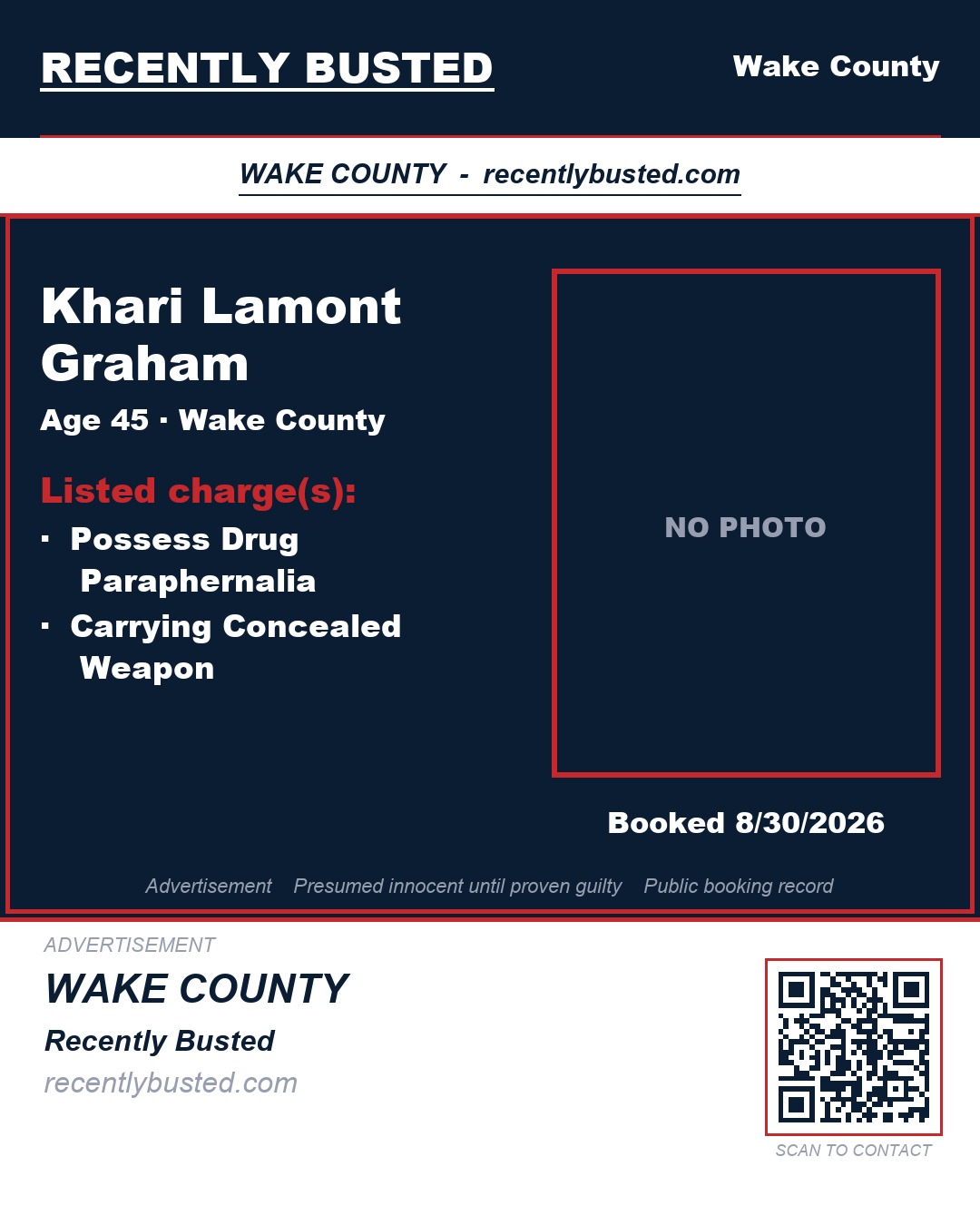 KHARI LAMONT GRAHAM — arrest record card, Wake County, North Carolina