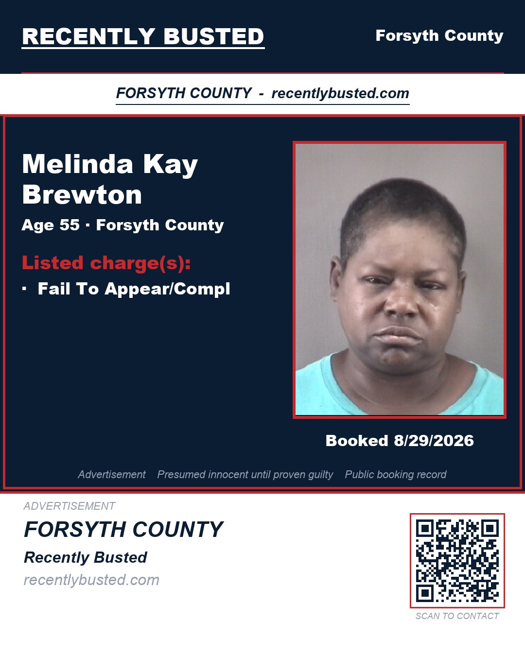 MELINDA KAY BREWTON — arrest record card, Forsyth County, North Carolina