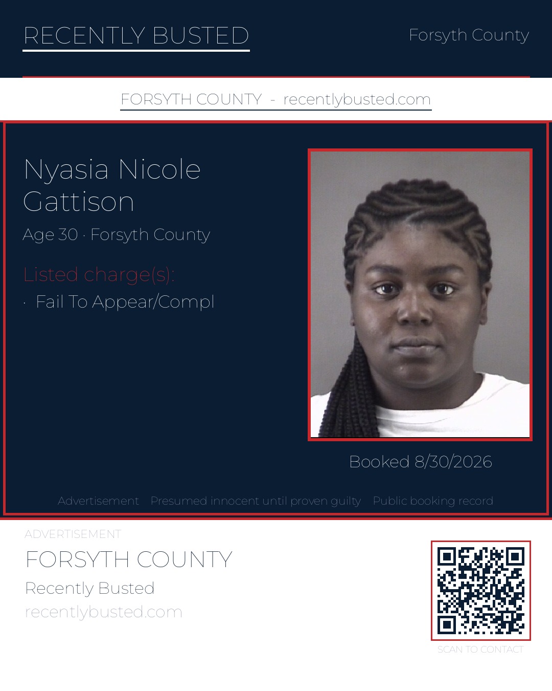 NYASIA NICOLE GATTISON — arrest record card, Forsyth County, North Carolina