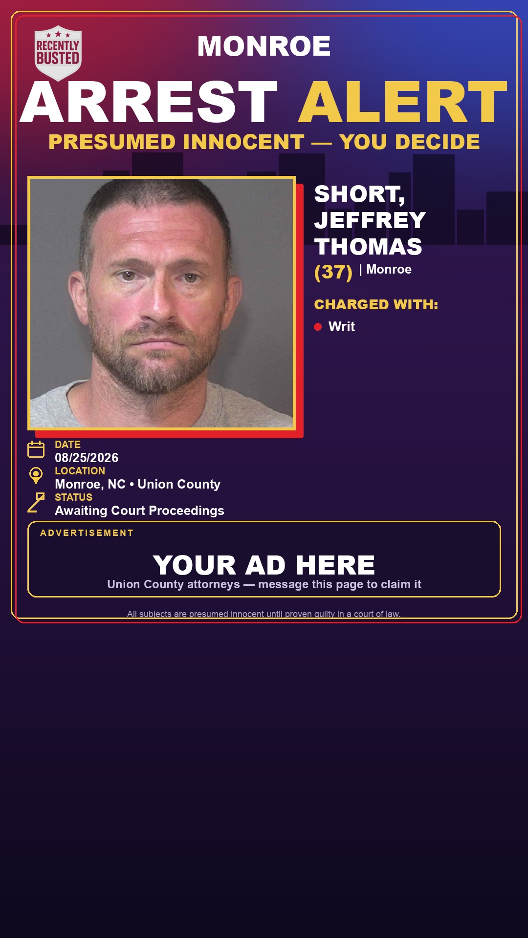 Arrest report - SHORT, JEFFREY THOMAS