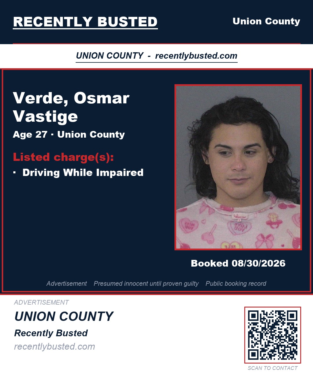 VERDE, OSMAR VASTIGE — arrest record card, Union County, North Carolina