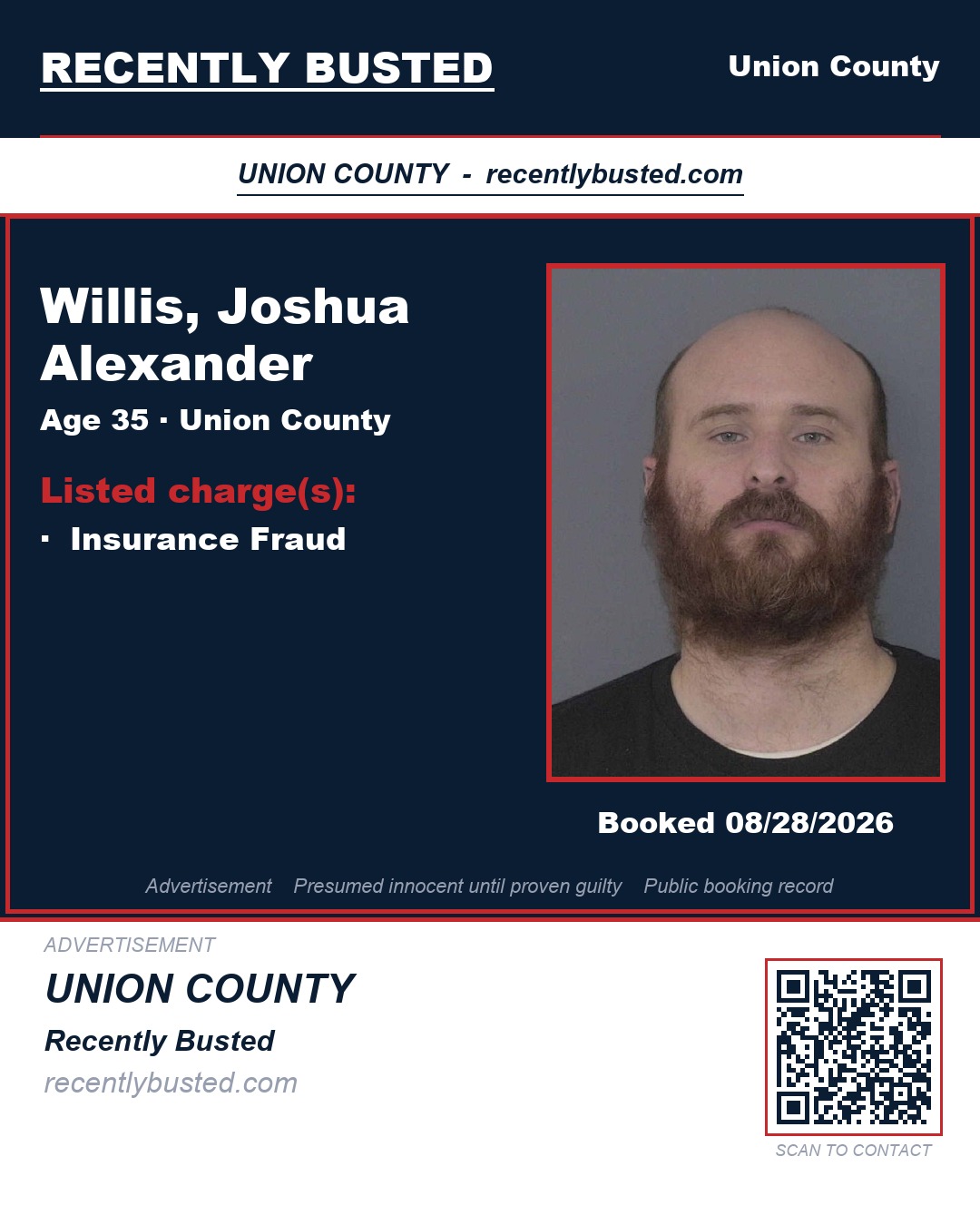 WILLIS, JOSHUA ALEXANDER — arrest record card, Union County, North Carolina