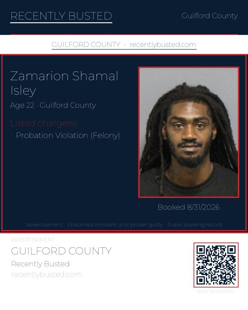 ZAMARION SHAMAL ISLEY — arrest record card, Guilford County, North Carolina