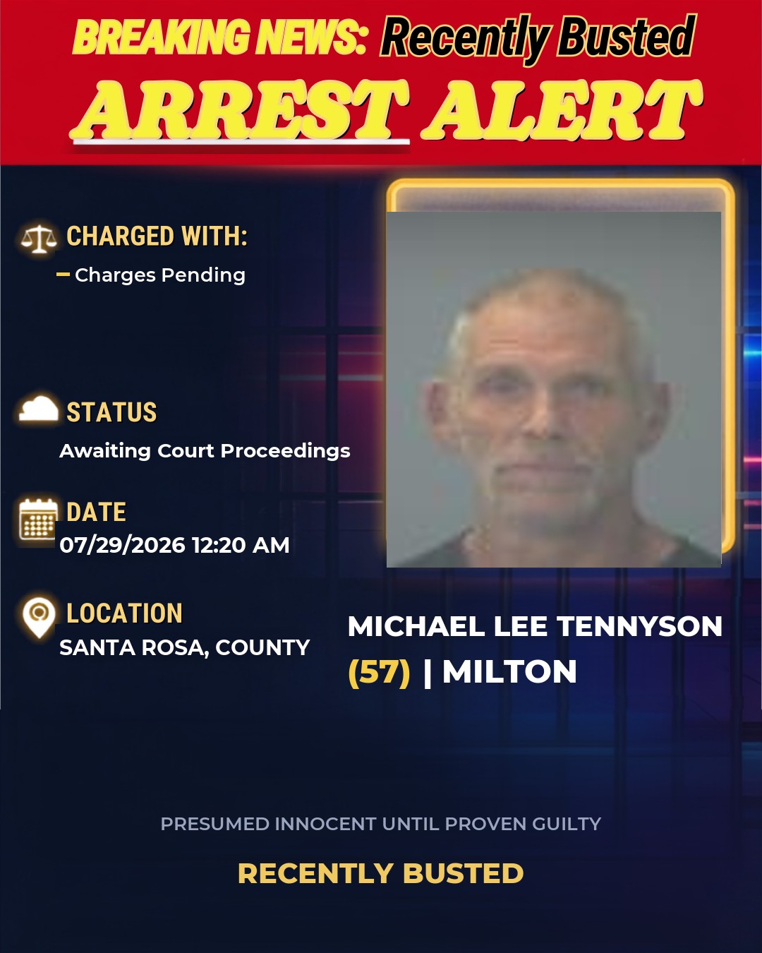 Michael Lee Tennyson — arrest record card, Santarosa County