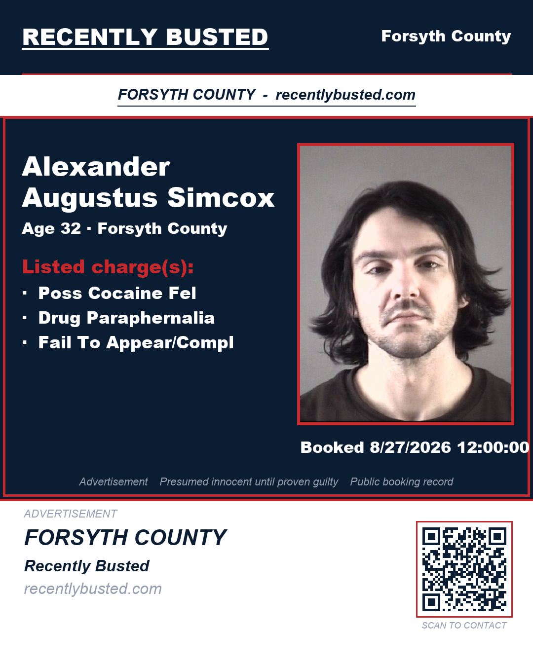 ALEXANDER AUGUSTUS SIMCOX — arrest record card, Forsyth County, North Carolina