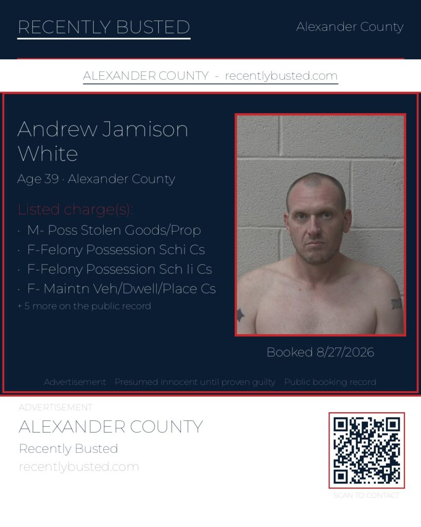 ANDREW JAMISON WHITE — arrest record card, Alexander County, North Carolina