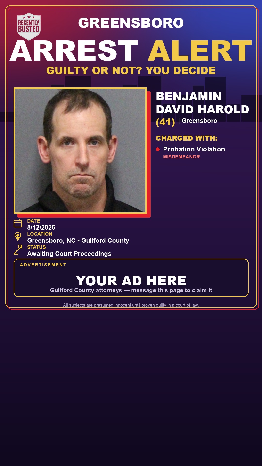 Arrest report - BENJAMIN DAVID HAROLD