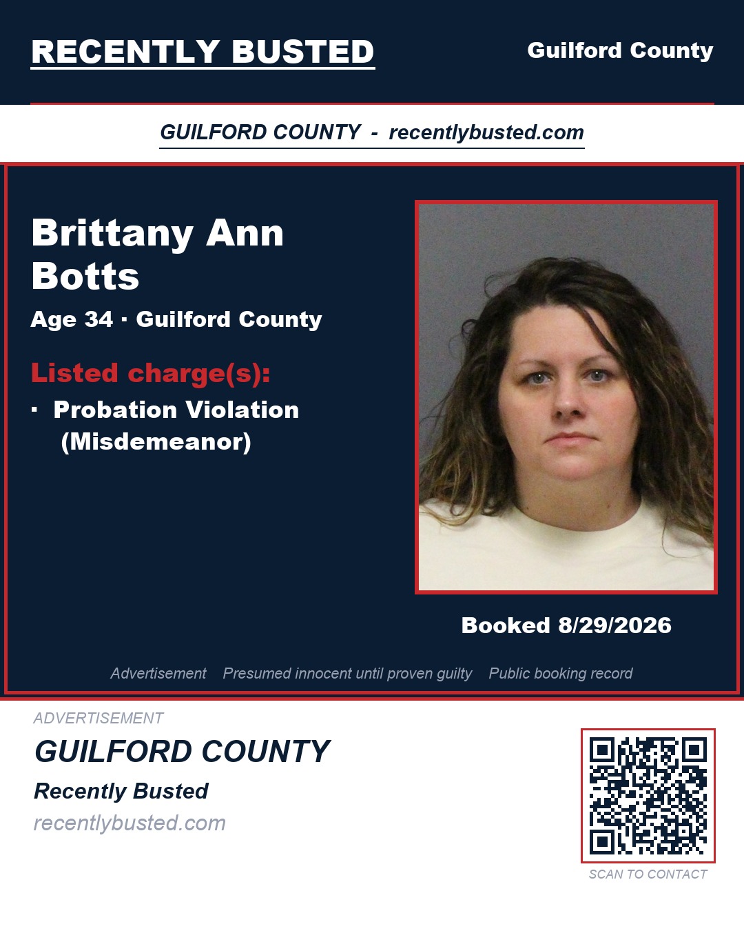 BRITTANY ANN BOTTS — arrest record card, Guilford County, North Carolina
