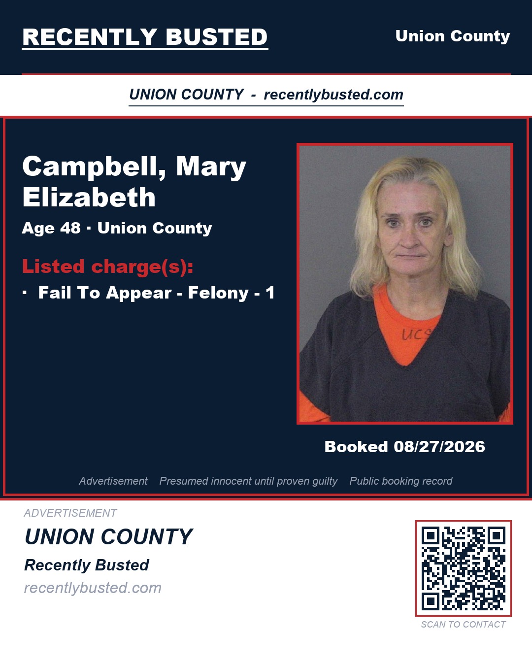CAMPBELL, MARY ELIZABETH — arrest record card, Union County, North Carolina