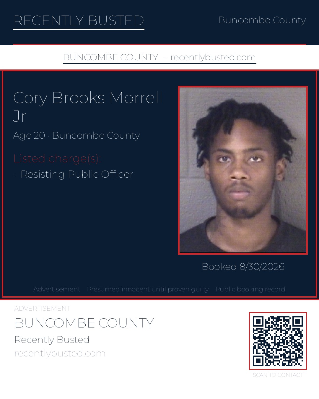 CORY BROOKS MORRELL JR — arrest record card, Buncombe County, North Carolina