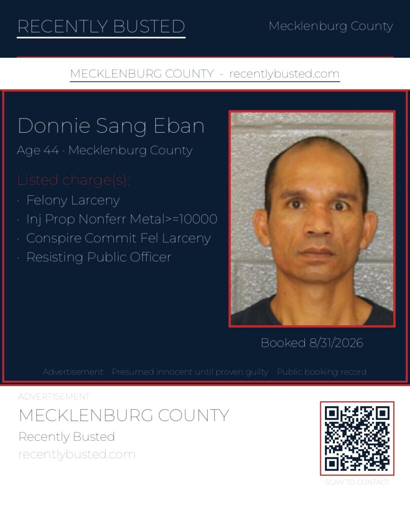 DONNIE SANG EBAN — arrest record card, Mecklenburg County, North Carolina
