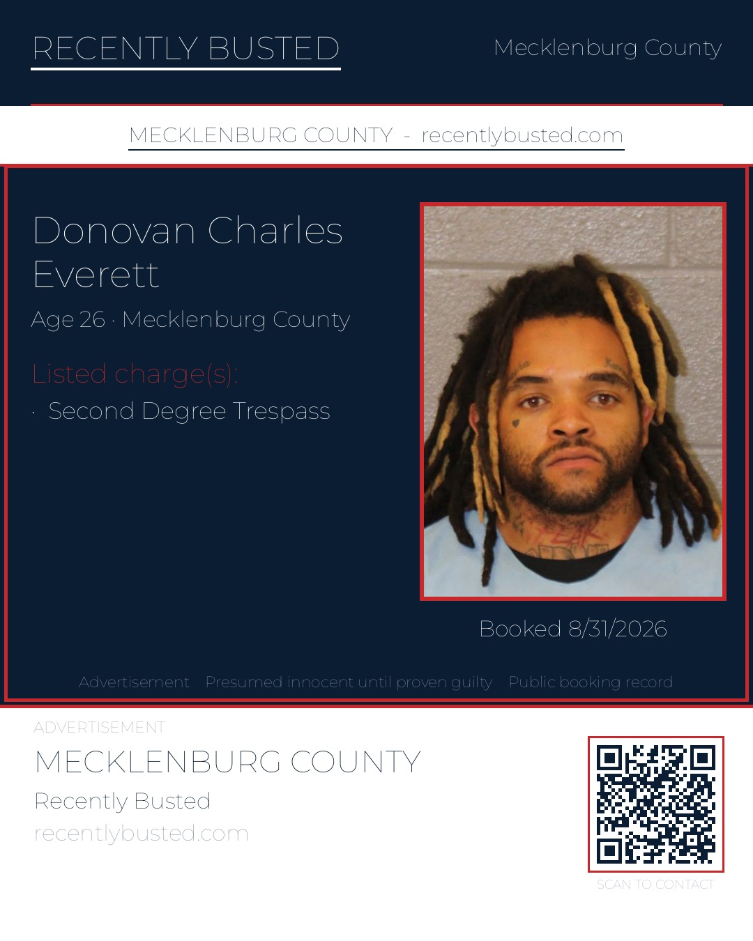 DONOVAN CHARLES EVERETT — arrest record card, Mecklenburg County, North Carolina