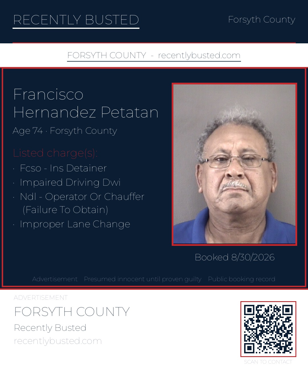 FRANCISCO HERNANDEZ PETATAN — arrest record card, Forsyth County, North Carolina