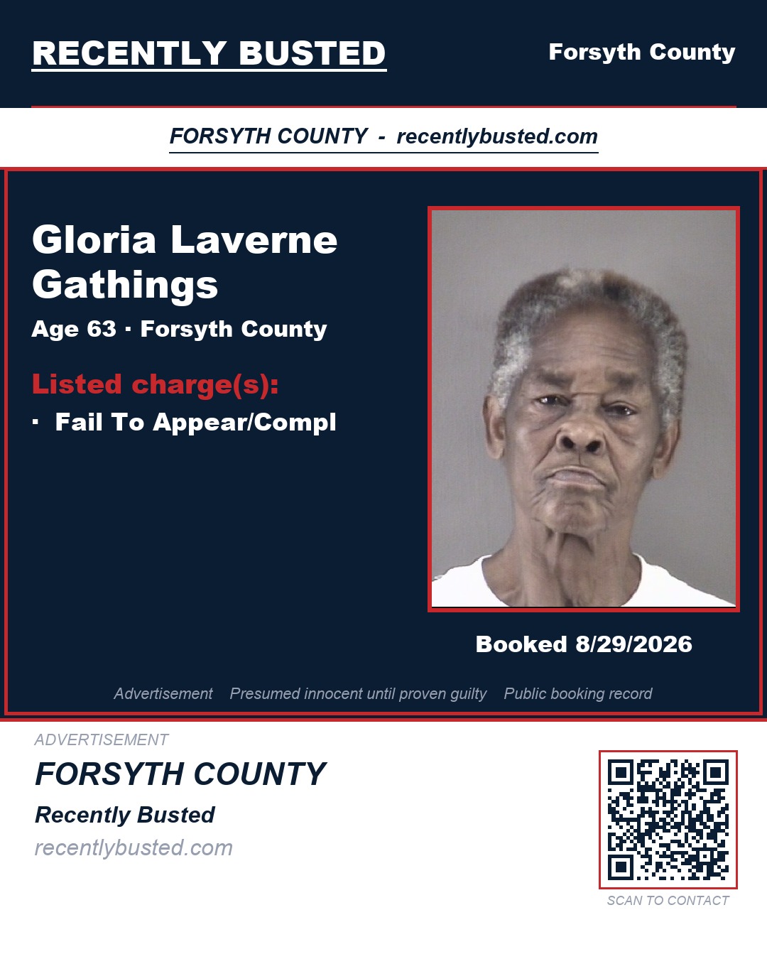 GLORIA LAVERNE GATHINGS — arrest record card, Forsyth County, North Carolina