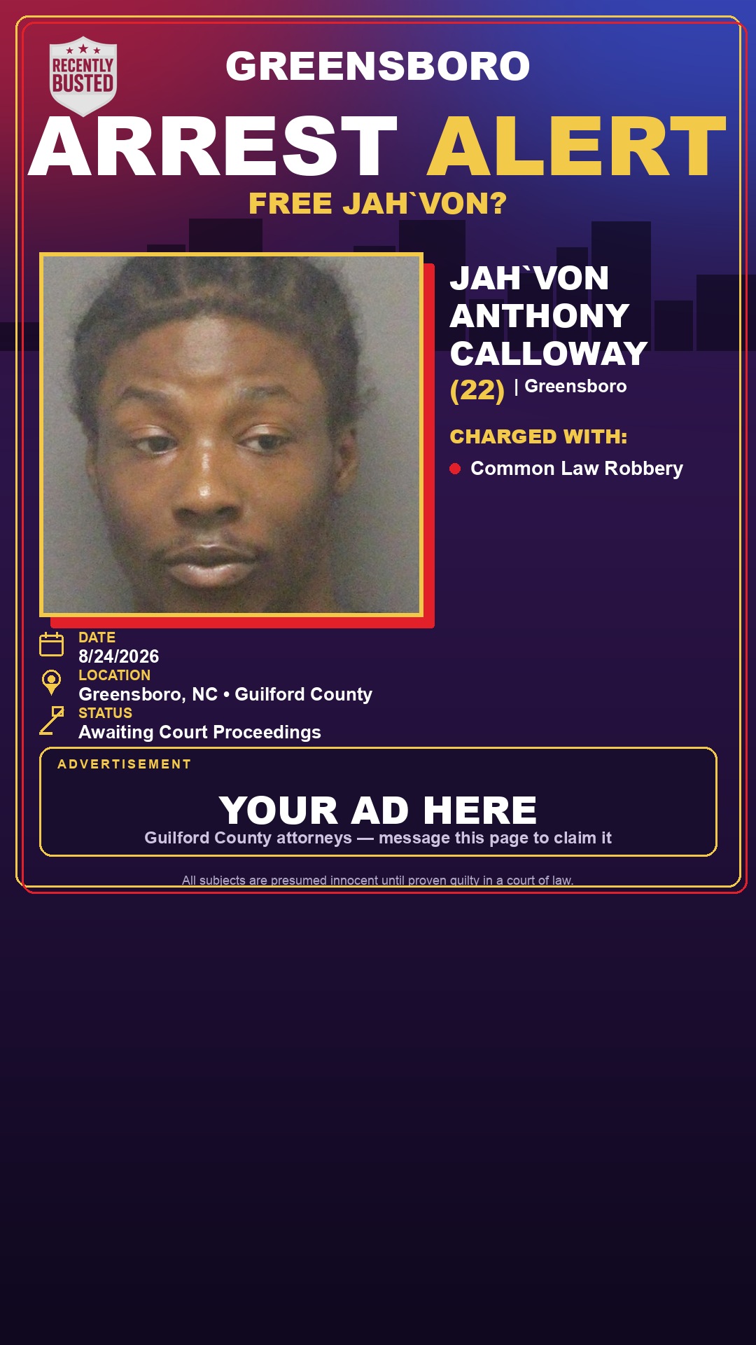 Arrest report - JAH`VON ANTHONY CALLOWAY