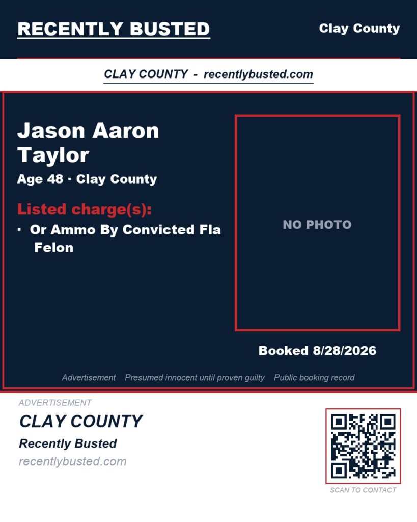 JASON AARON TAYLOR — arrest record card, Clay County, Florida