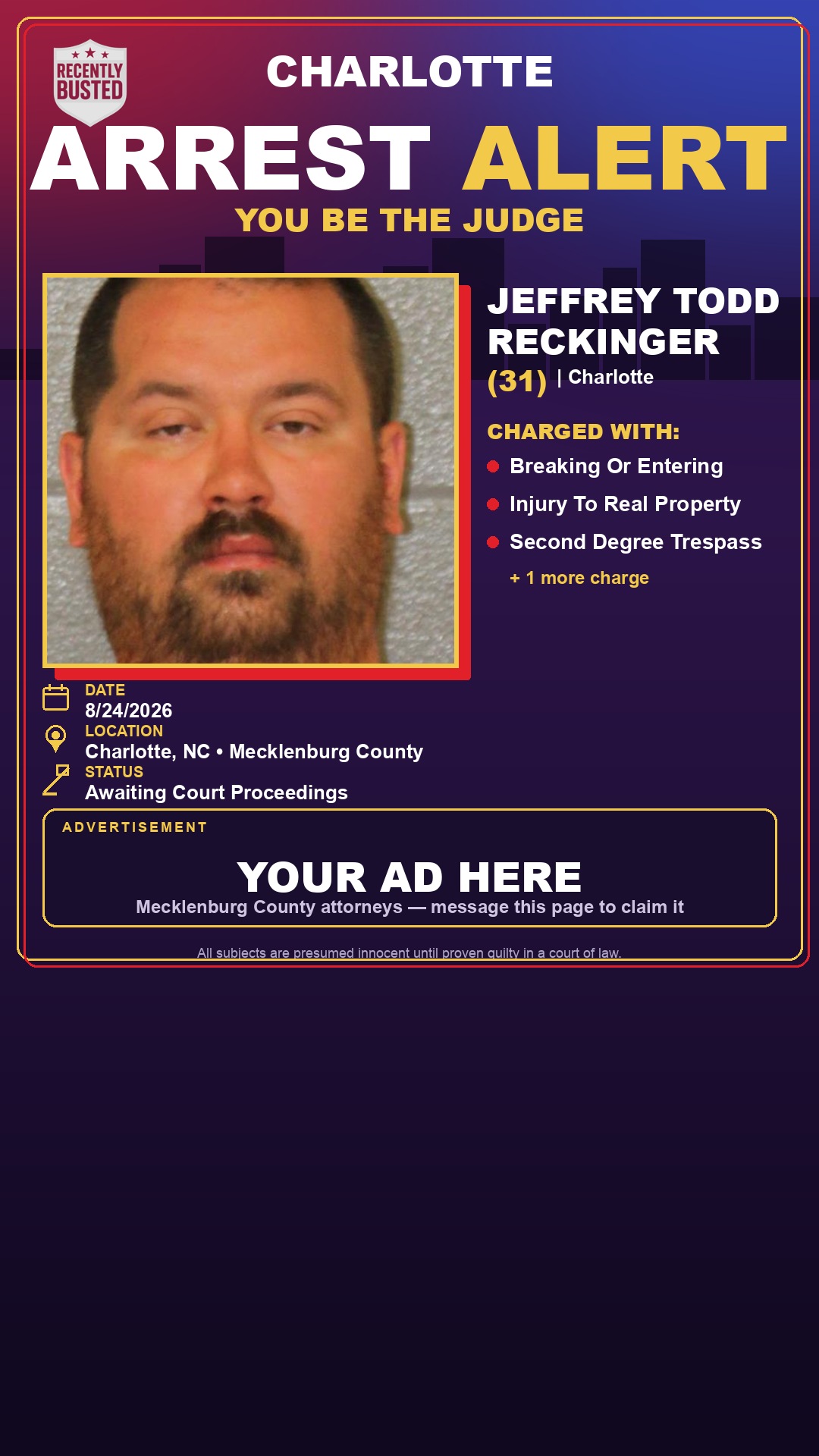 Arrest report - JEFFREY TODD RECKINGER