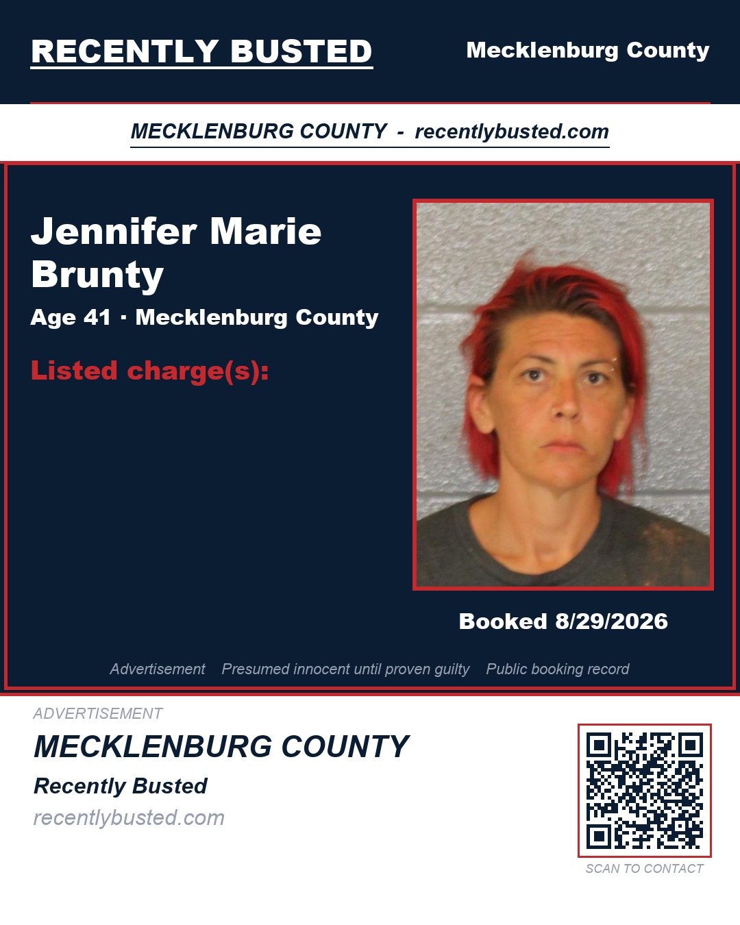 JENNIFER MARIE BRUNTY — arrest record card, Mecklenburg County, North Carolina