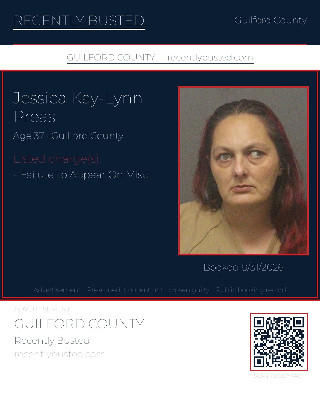 JESSICA KAY-LYNN PREAS — arrest record card, Guilford County, North Carolina