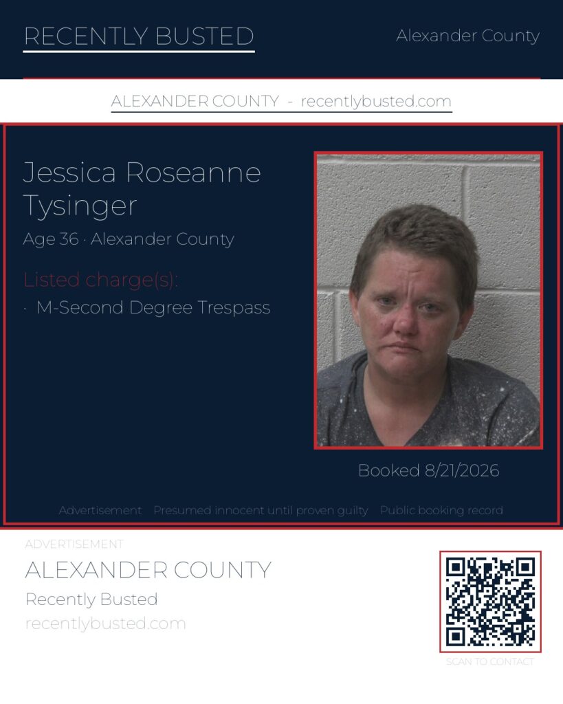 JESSICA ROSEANNE TYSINGER — arrest record card, Alexander County, North Carolina