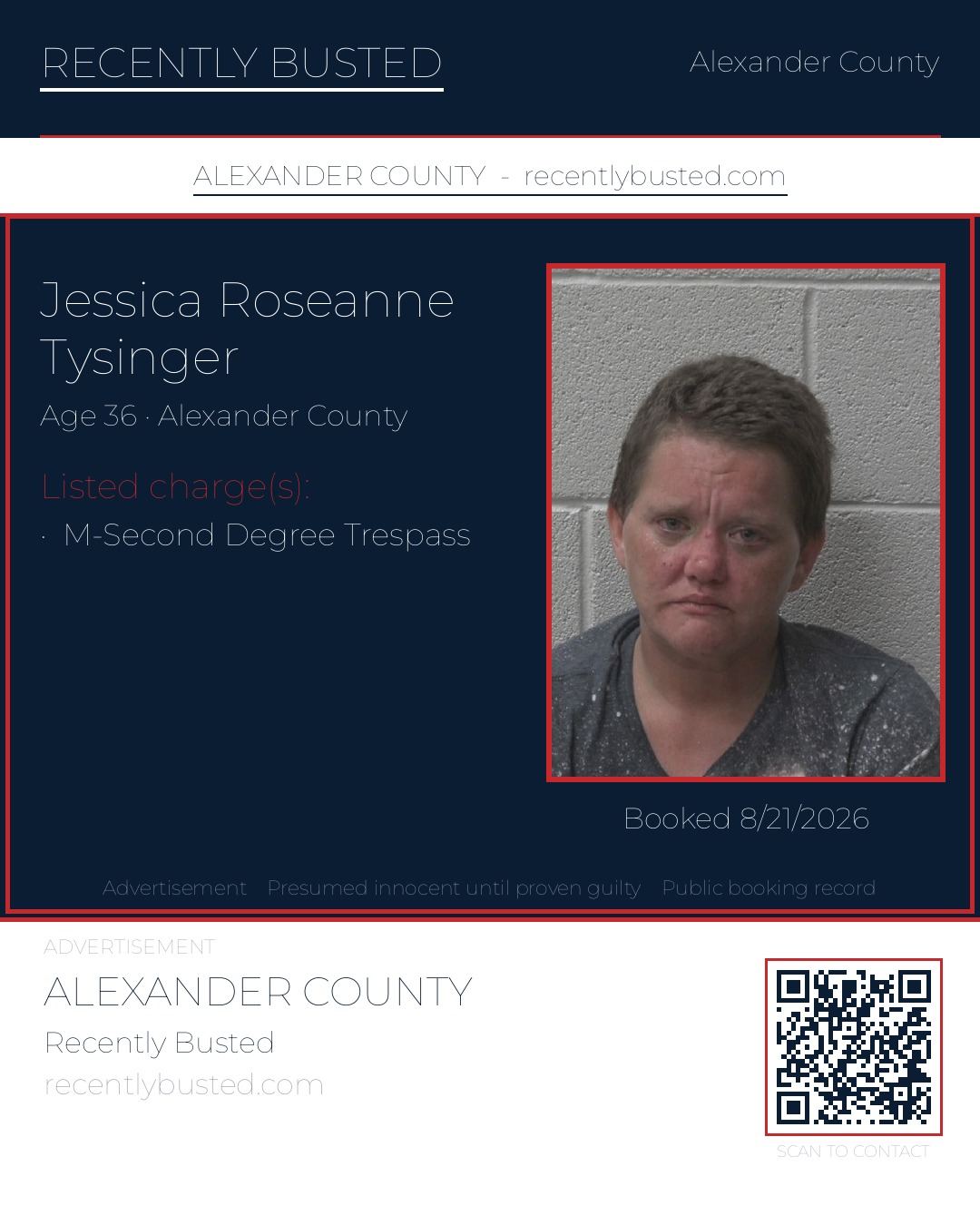 JESSICA ROSEANNE TYSINGER — arrest record card, Alexander County, North Carolina