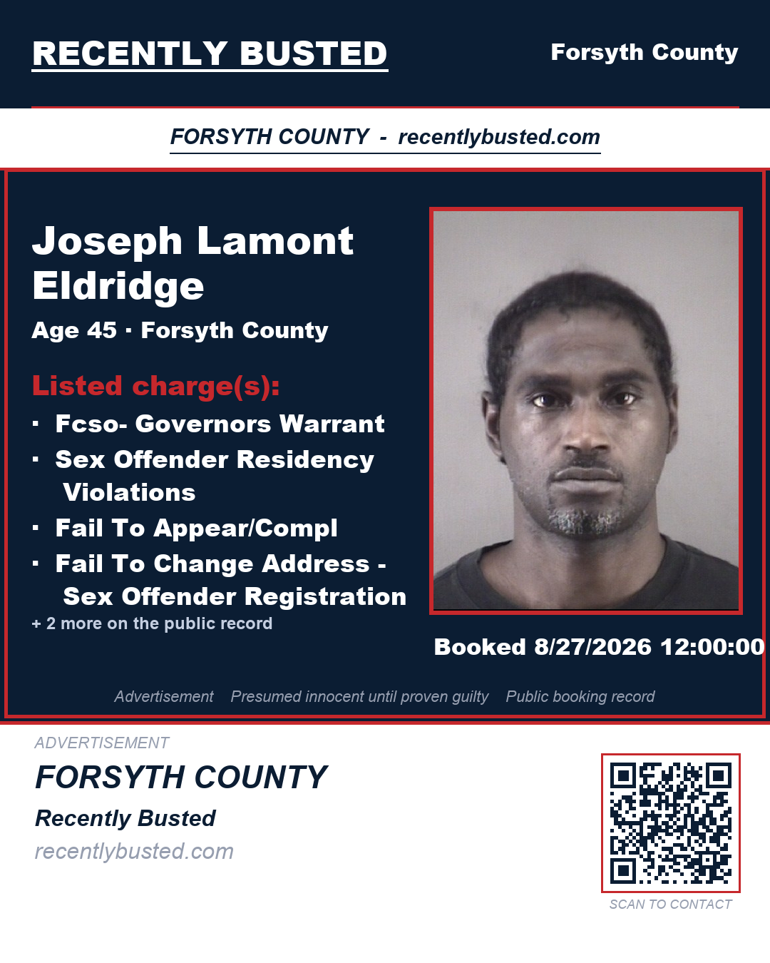 JOSEPH LAMONT ELDRIDGE — arrest record card, Forsyth County, North Carolina