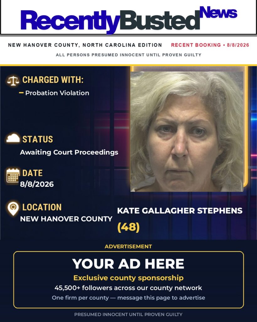 KATE GALLAGHER STEPHENS — arrest record card, New Hanover County