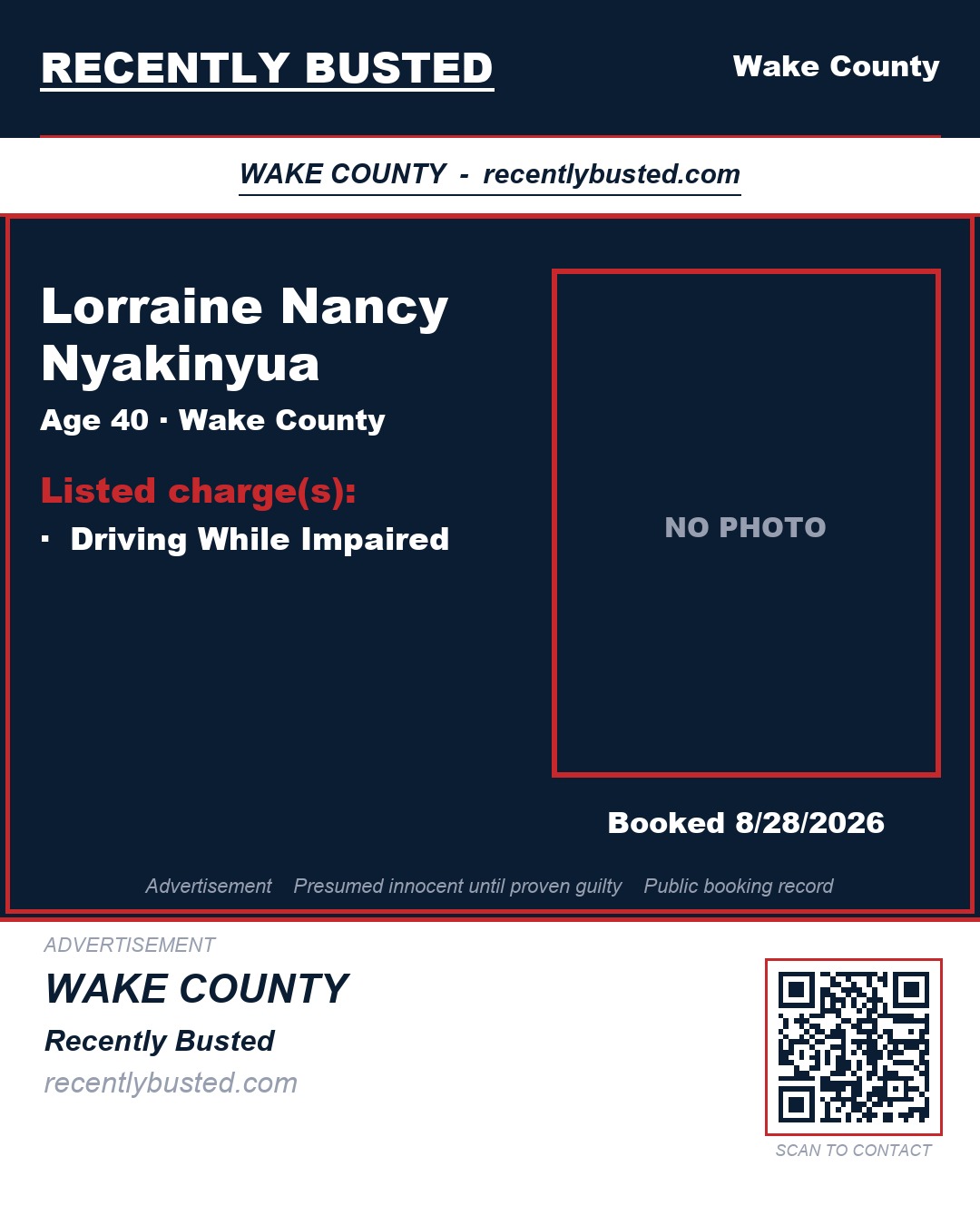 LORRAINE NANCY NYAKINYUA — arrest record card, Wake County, North Carolina