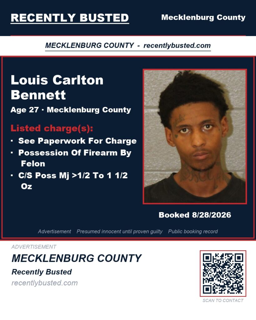 LOUIS CARLTON BENNETT — arrest record card, Mecklenburg County, North Carolina