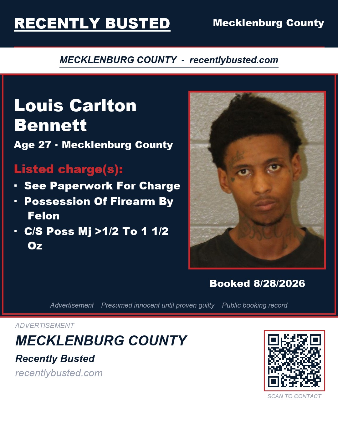 LOUIS CARLTON BENNETT — arrest record card, Mecklenburg County, North Carolina