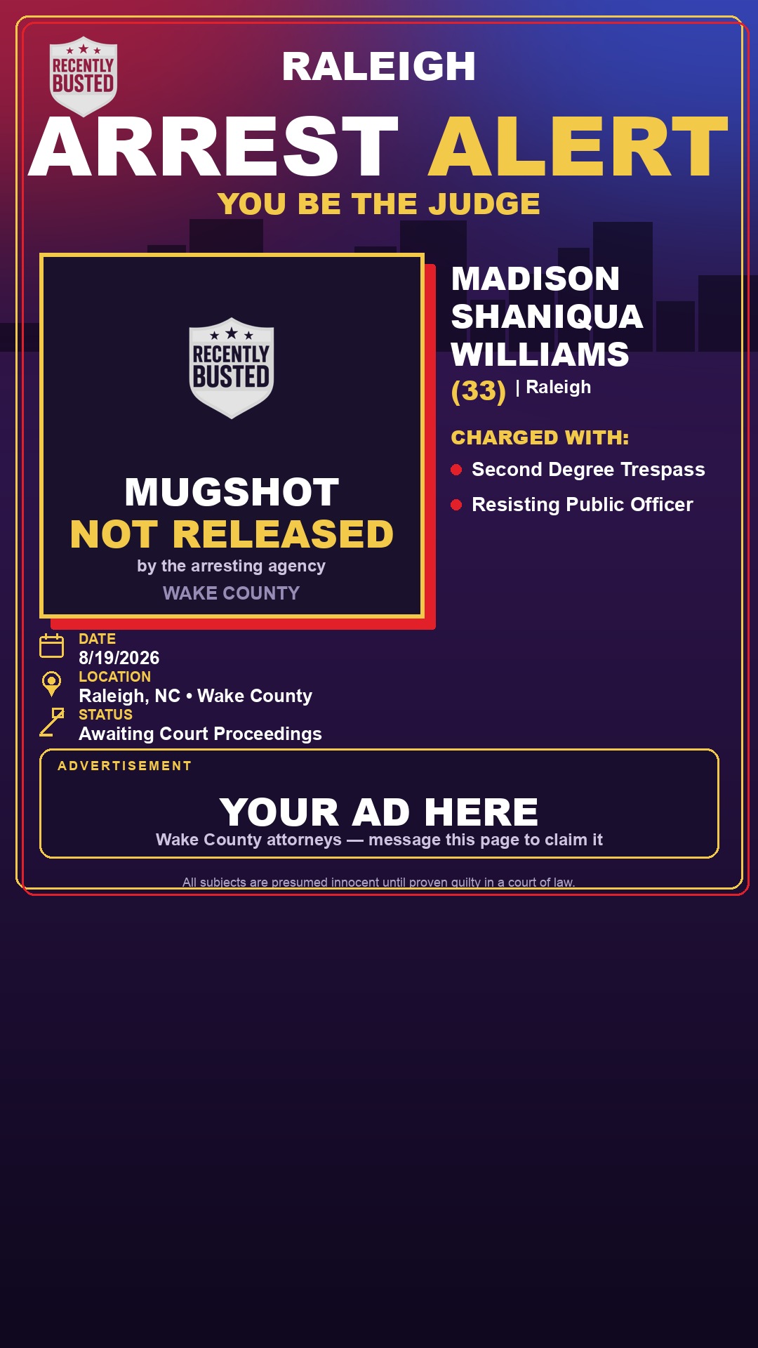 Arrest report - MADISON SHANIQUA WILLIAMS