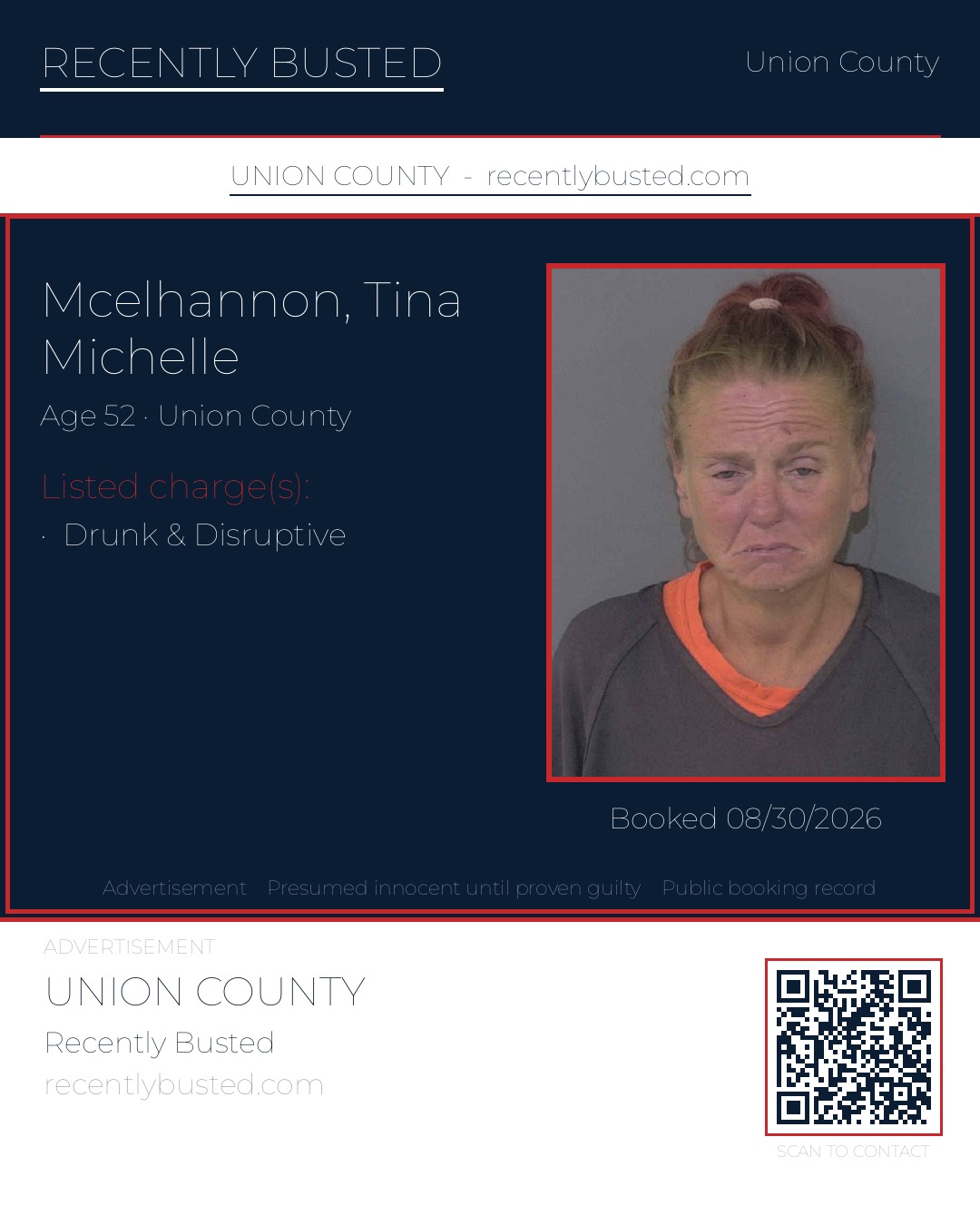 MCELHANNON, TINA MICHELLE — arrest record card, Union County, North Carolina