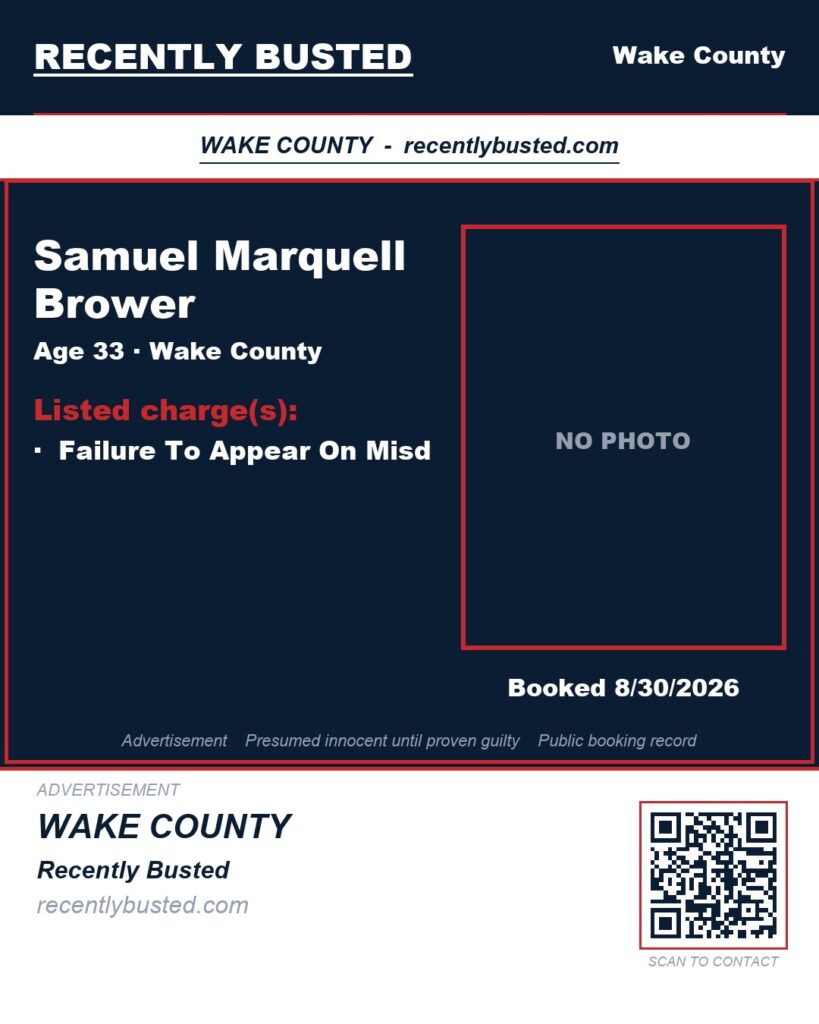 SAMUEL MARQUELL BROWER — arrest record card, Wake County, North Carolina