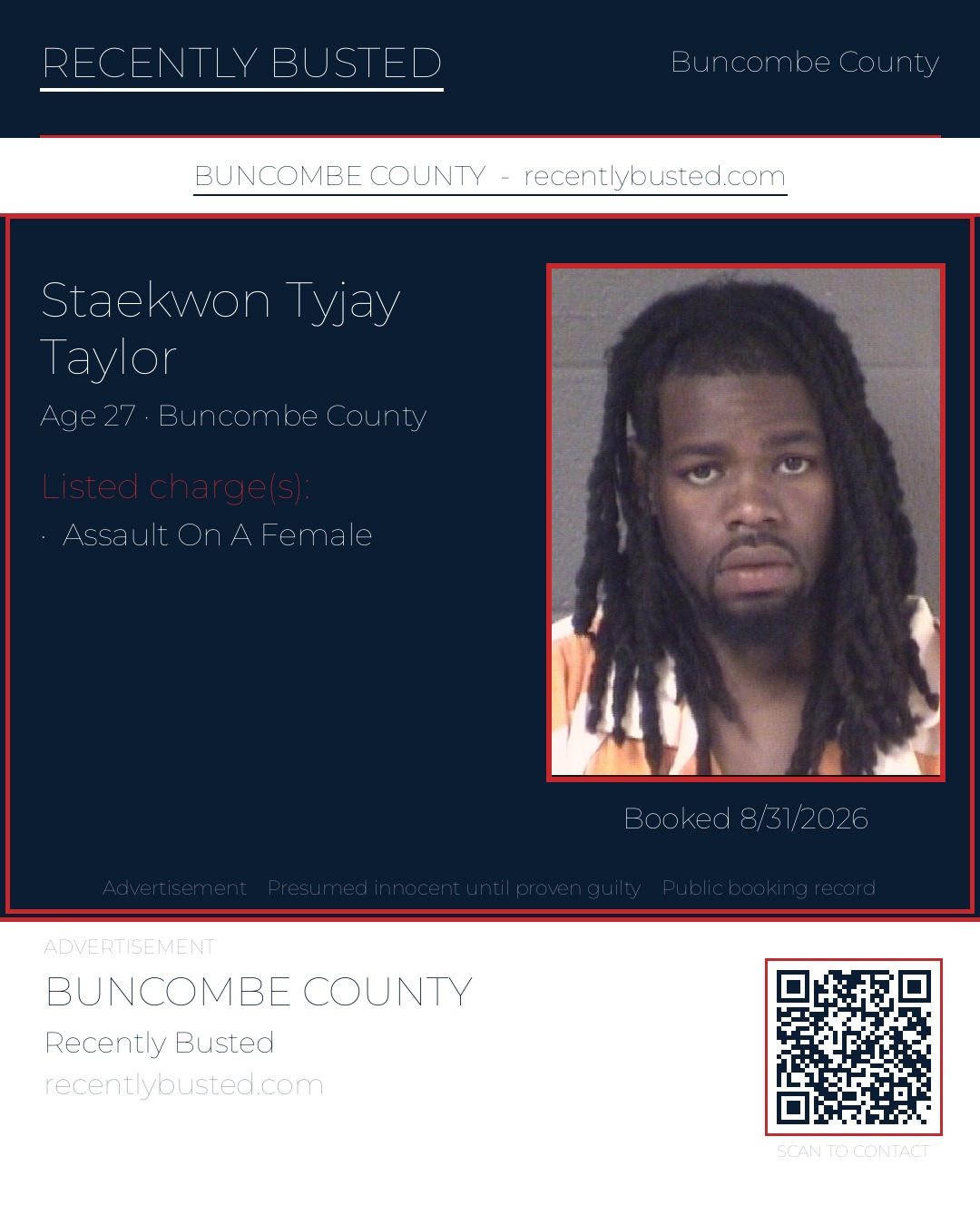 STAEKWON TYJAY TAYLOR — arrest record card, Buncombe County, North Carolina