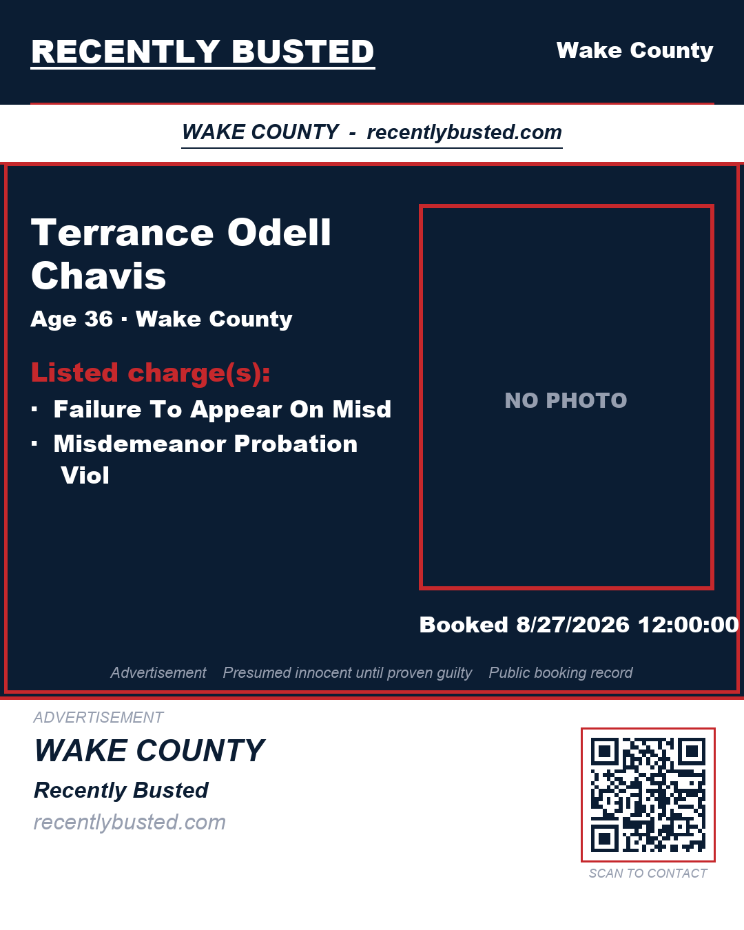 TERRANCE ODELL CHAVIS — arrest record card, Wake County, North Carolina