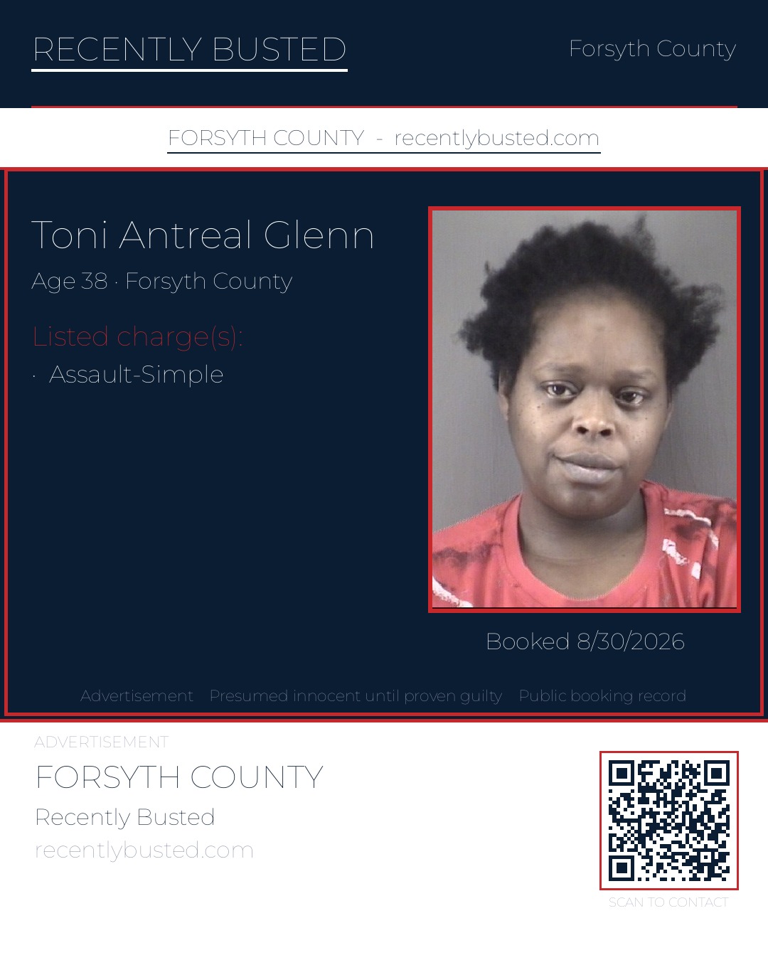 TONI ANTREAL GLENN — arrest record card, Forsyth County, North Carolina