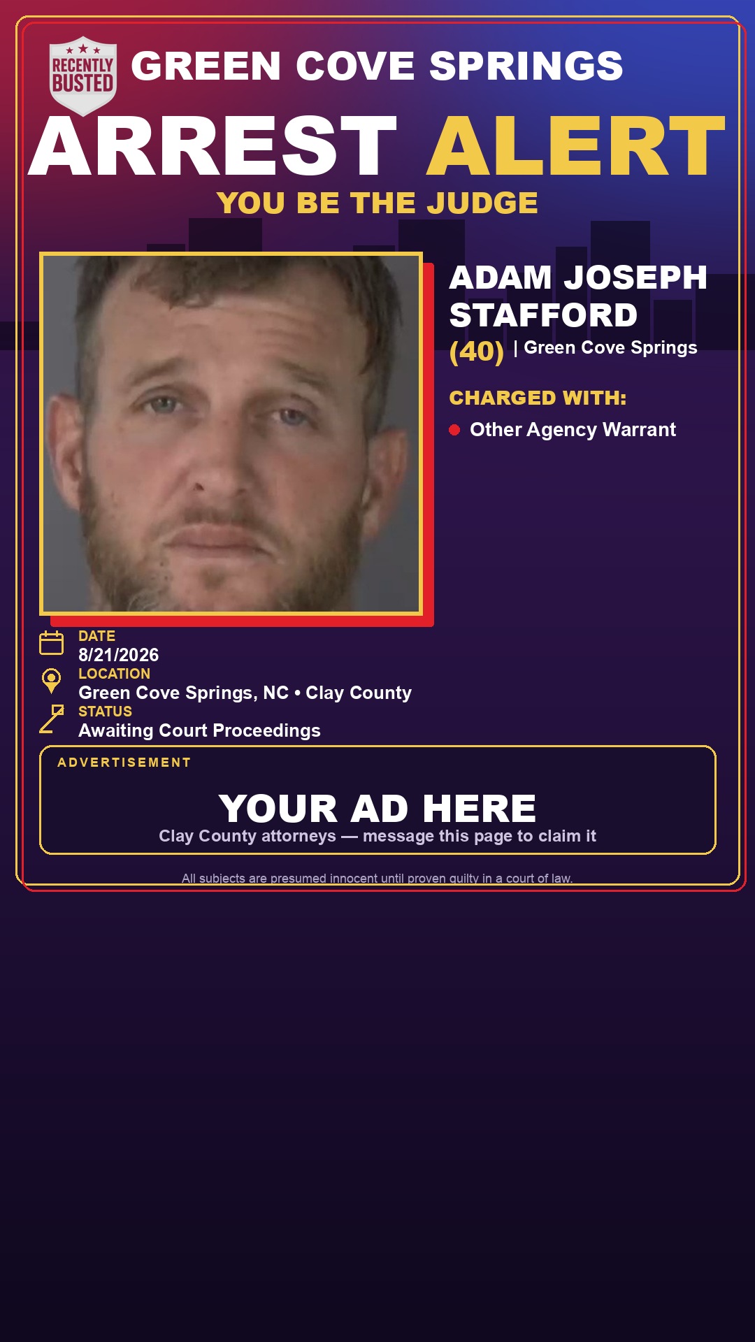 Arrest report - ADAM JOSEPH STAFFORD
