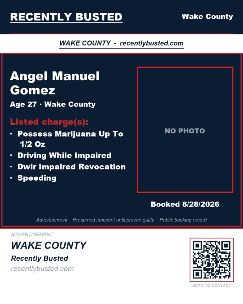 ANGEL MANUEL GOMEZ — arrest record card, Wake County, North Carolina